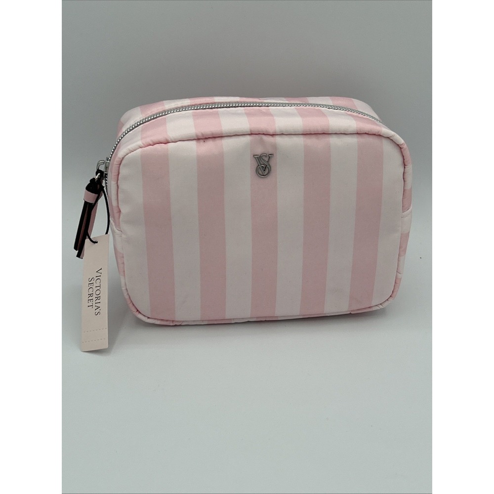 Victoria's Secret Iconic Stripes Cosmetics Bag VS Silver Logo Small Size NWT